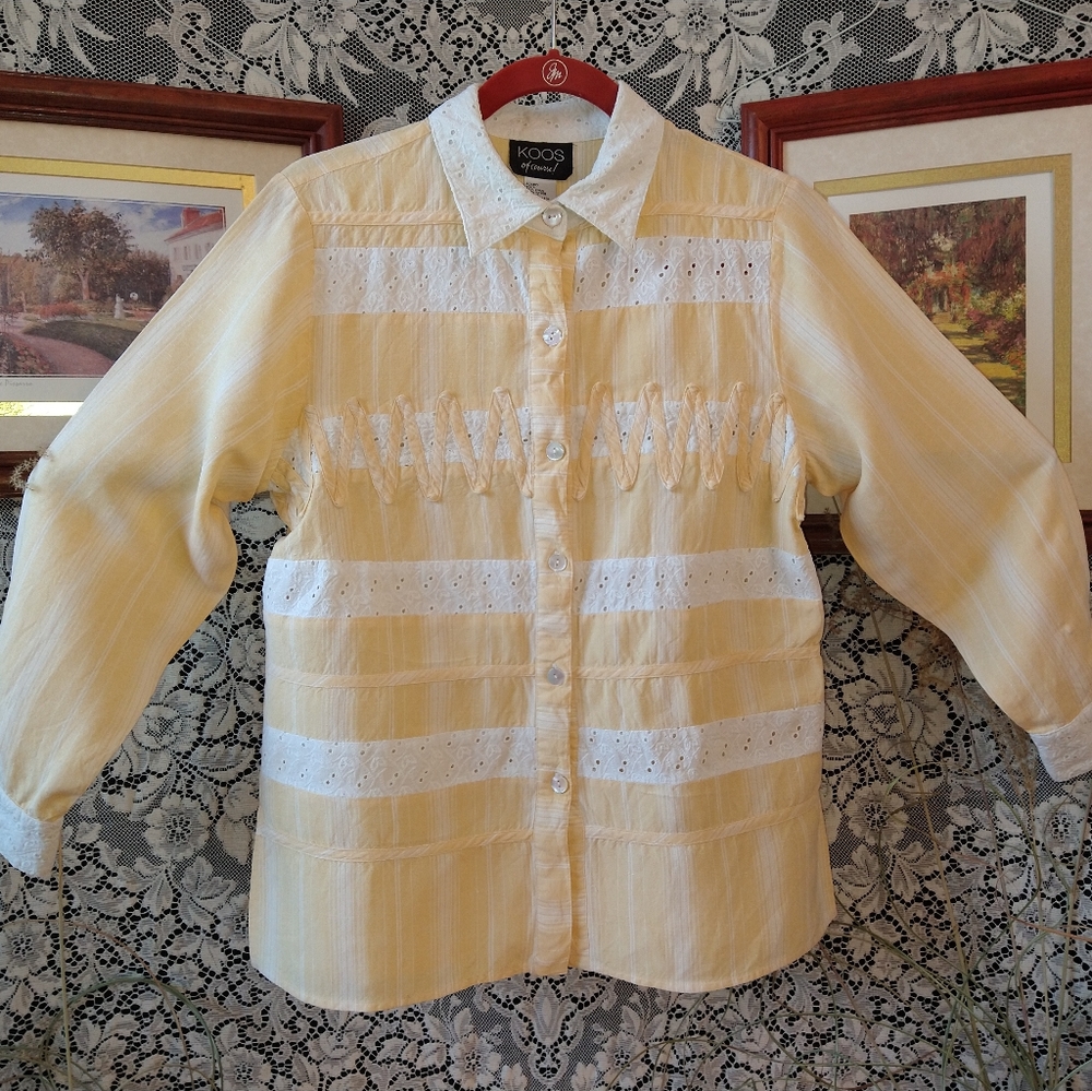 Koos yellow white shirt vintage stripes button down eyelet applique long sleeve